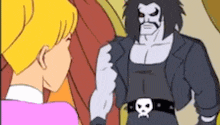 a cartoon of a man with a skull belt talking to a woman .