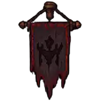 a red banner with a cross on it hangs from a rope