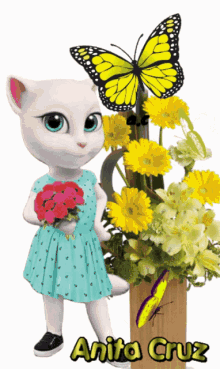 a cartoon cat holding a bouquet of flowers with the name anita cruz on the bottom