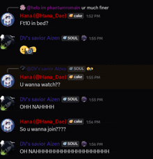 a screenshot of a conversation between hana and aiden