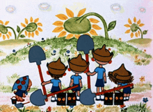 a group of children holding shovels in a field