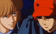 two anime characters one wearing a red hat and the other wearing sunglasses