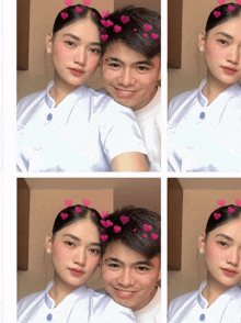a man and a woman are posing for a photo with hearts on their faces