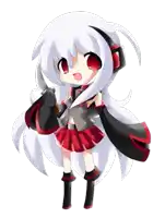 a drawing of a girl with white hair and red eyes holding a knife and the website www.kyogoku.deviantart.com