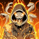 a cartoon drawing of a man with a hood and snake head