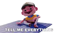 a cartoon character is sitting on a checkered blanket with the words tell me everything written below him