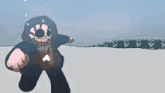 a cartoon character with a heart on his shirt is running through the snow