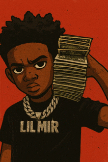 a cartoon drawing of a young man holding a stack of money with lilmir written on his shirt
