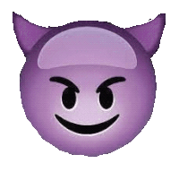 a purple devil emoji with horns and a smile on its face .