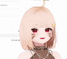 a girl with short blonde hair and red eyes is wearing a heart shaped necklace
