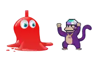 a pixel art of a monkey dancing next to a red blob