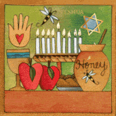 a painting of candles apples and a jar of honey with the word honey written on it
