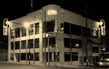 a black and white photo of a ccc building