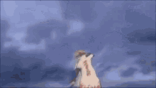 a cartoon character is flying through the air holding a sword and shield .
