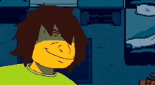 a pixel art of a cartoon character with brown hair and a green shirt .