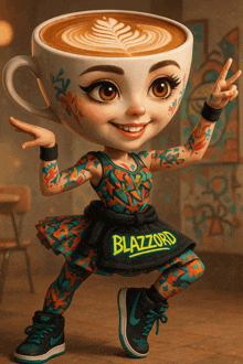 a girl with a cup of coffee on her head is wearing a skirt that says blazzard on it