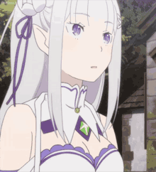 a girl with white hair and purple eyes has a necklace with a green x on it