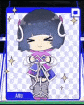 a girl with blue hair is standing on a checkered background .