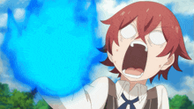 a cartoon character with red hair is holding a blue object in his hand