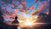 a pixel art of a person standing in front of a sunset sky
