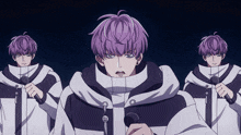 a man with purple hair holds a microphone in his hand