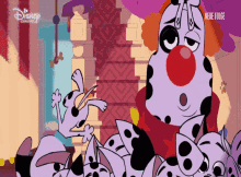a cartoon of a dalmatian with a clown nose and a disney logo