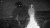 a black and white drawing of a monster and a rocket flying through the air