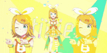 a girl in a yellow and green dress is pointing to the right