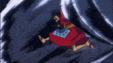 a cartoon character is flying through the air while holding a sword .