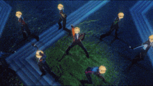 a group of cartoon characters are dancing in a dark room