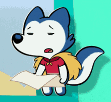 a cartoon husky dog holding a piece of paper