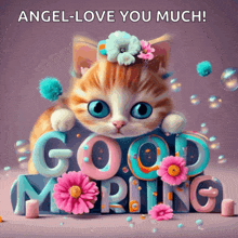 a cat with flowers on its head is sitting next to the words good morning