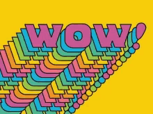 a yellow background with the word wow written in rainbow colors