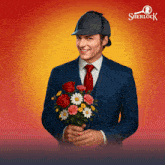 a man in a suit and tie is holding a bouquet of flowers with a sherlock logo in the background