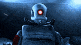 a robot with a red eye and a british flag on the back of his jacket