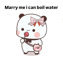 a cartoon panda bear with a pink bow on its head holding a lollipop