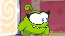 a green cartoon character with blue eyes stands in front of a swirl