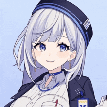 a girl with white hair and blue eyes is wearing a badge that says ' a ' on it