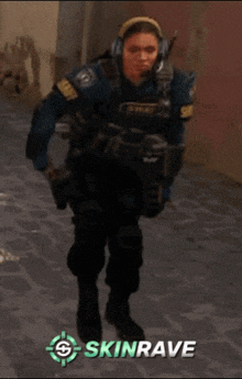 a woman in a military uniform is dancing in front of a target that says skinrave on it