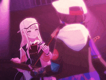 a girl holding a guitar and a book that says album
