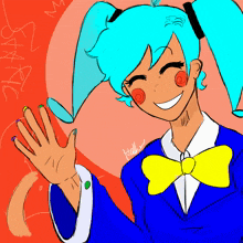 a drawing of a girl with blue hair and a yellow bow tie has the name toal on the bottom