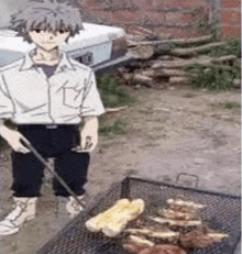 a man is standing next to a grill filled with meat and bread .