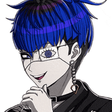 a cartoon character with blue hair and glasses