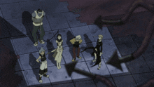 a group of anime characters are standing on a brick floor