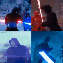 a collage of four pictures of a man holding a lightsaber with delta_iv written on the bottom