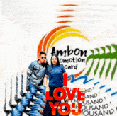 a man and woman are posing in front of a sign that says ambon emotion board