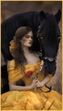 a woman in a yellow dress is holding a red rose next to a black horse