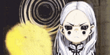 a cartoon character with white hair and black eyes has tears running down her face