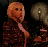 a woman in a plaid shirt is holding a cup of coffee with the words morning written on the bottom