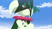 a cartoon character with a green mask and a pink scarf around his neck